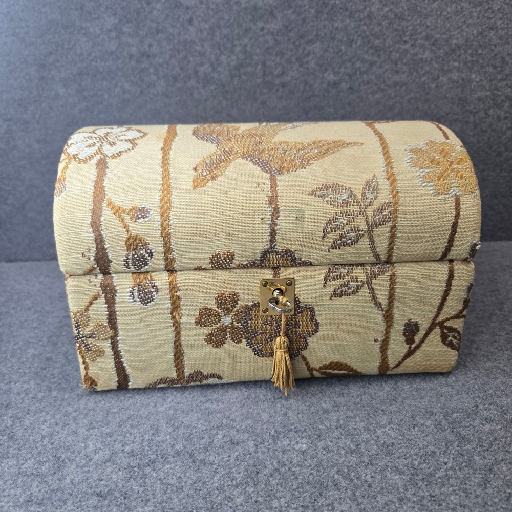 Vintage Tapestry Jewelry Box Bird Floral Dome Top Trunk with Key Gold Cream